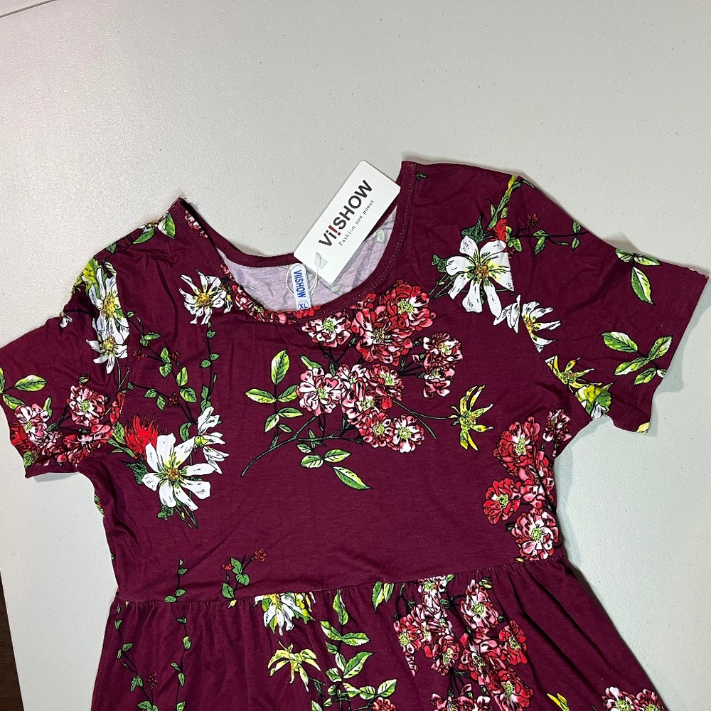Burgundy Floral Viishow Women’s Maxi dress, short sleeve, with pockets, size XL